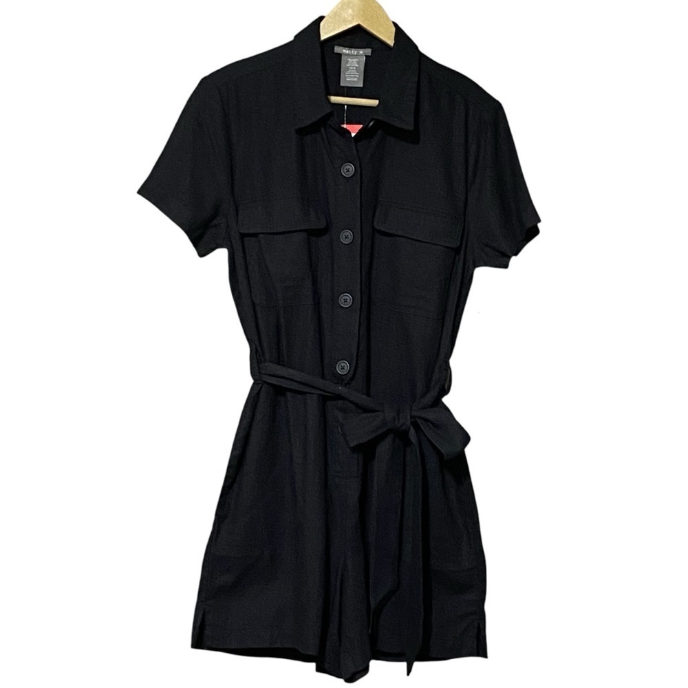 Matty M Linen Blend Button Front Romper M Black Casual Collar Belted Pockets NWT
